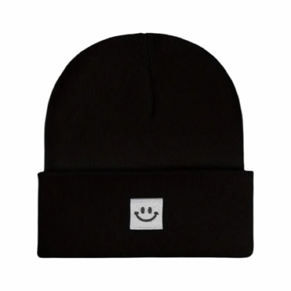 Black Smiley Face Knit Beanie New